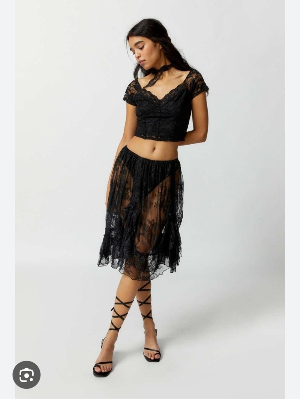 KIMCHI BLUE Maeve Sheer Black Lace Midi Skirt Small EUC